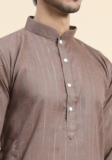 Brown Plain Cotton Blend Kurta For Men