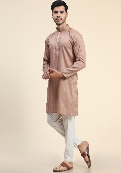 Peach Plain Cotton Blend Kurta For Men