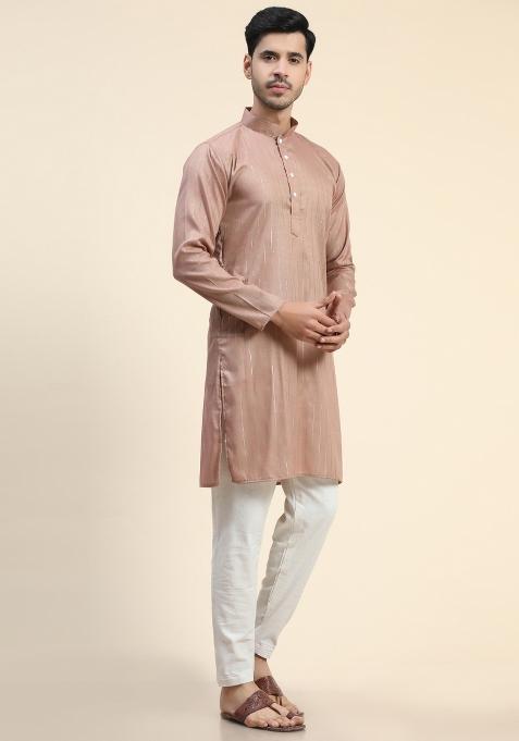 Peach Plain Cotton Blend Kurta For Men