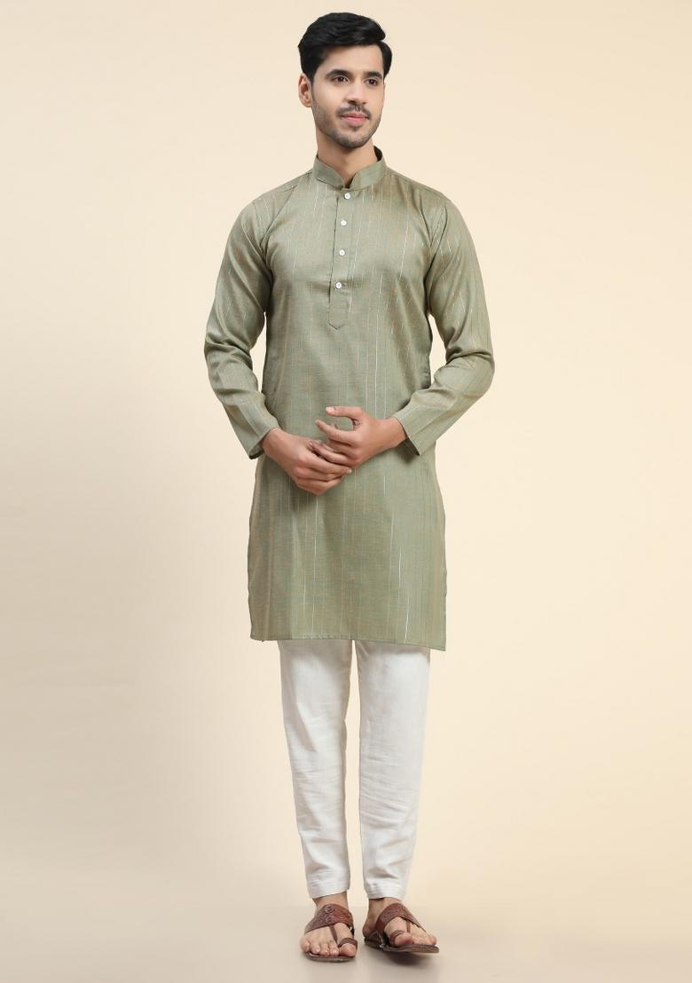 Mehendi Plain Cotton Blend Kurta For Men