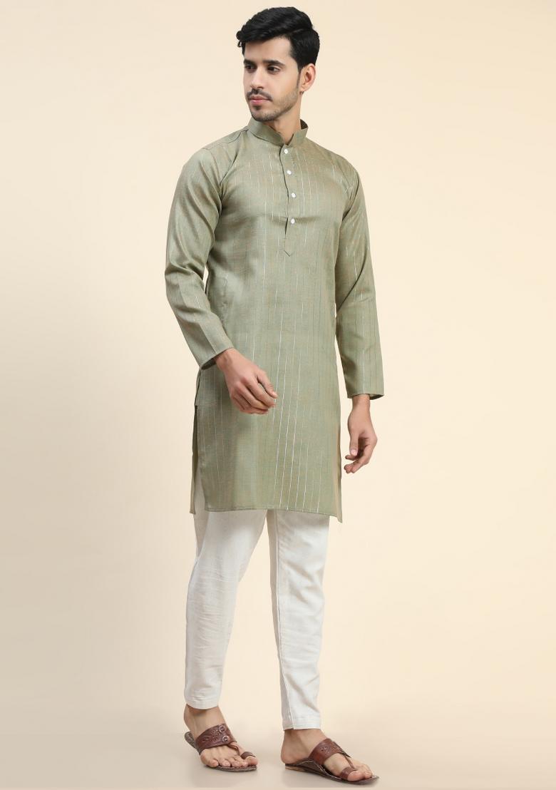 Mehendi Plain Cotton Blend Kurta For Men - Indya