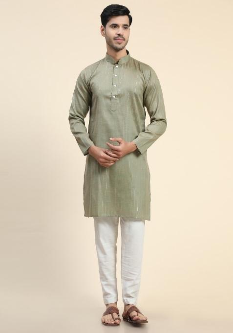Mehendi Plain Cotton Blend Kurta For Men