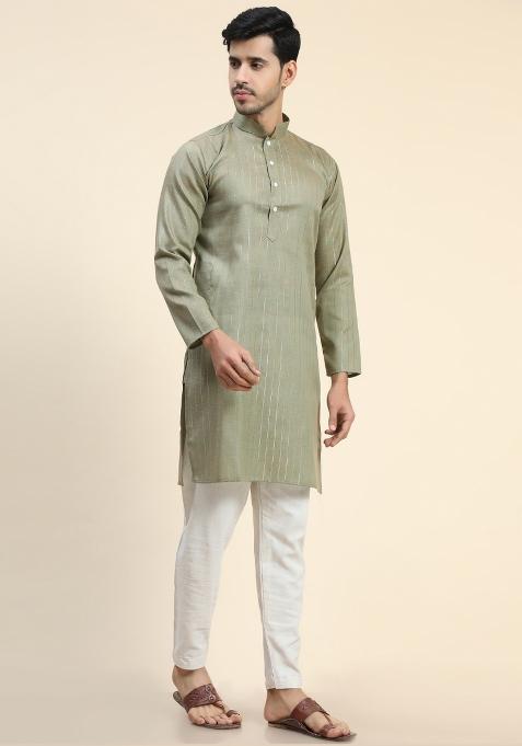 Mehendi Plain Cotton Blend Kurta For Men