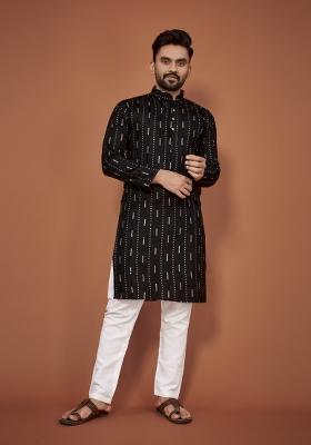 Black Embroidered Cotton Blend Kurta For Men