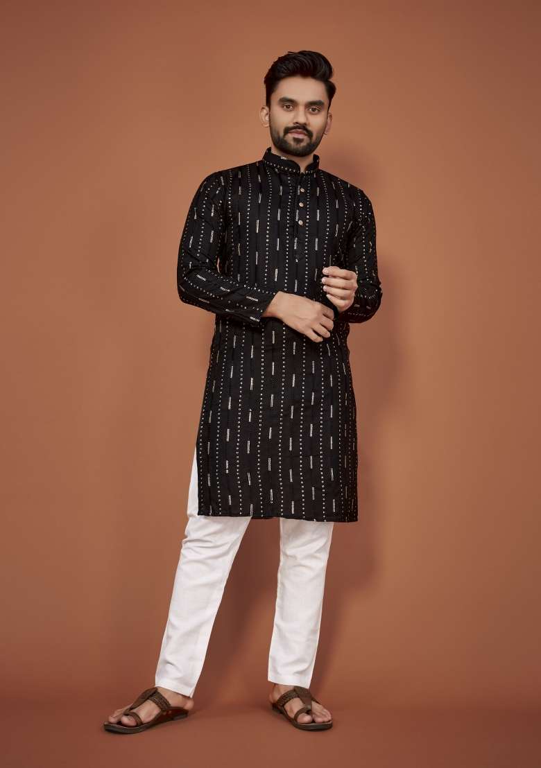 Black Embroidered Cotton Blend Kurta For Men - Indya