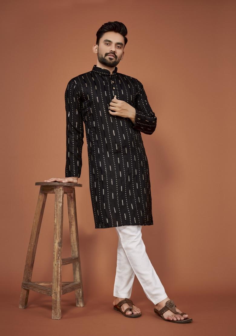 Black Embroidered Cotton Blend Kurta For Men - Indya
