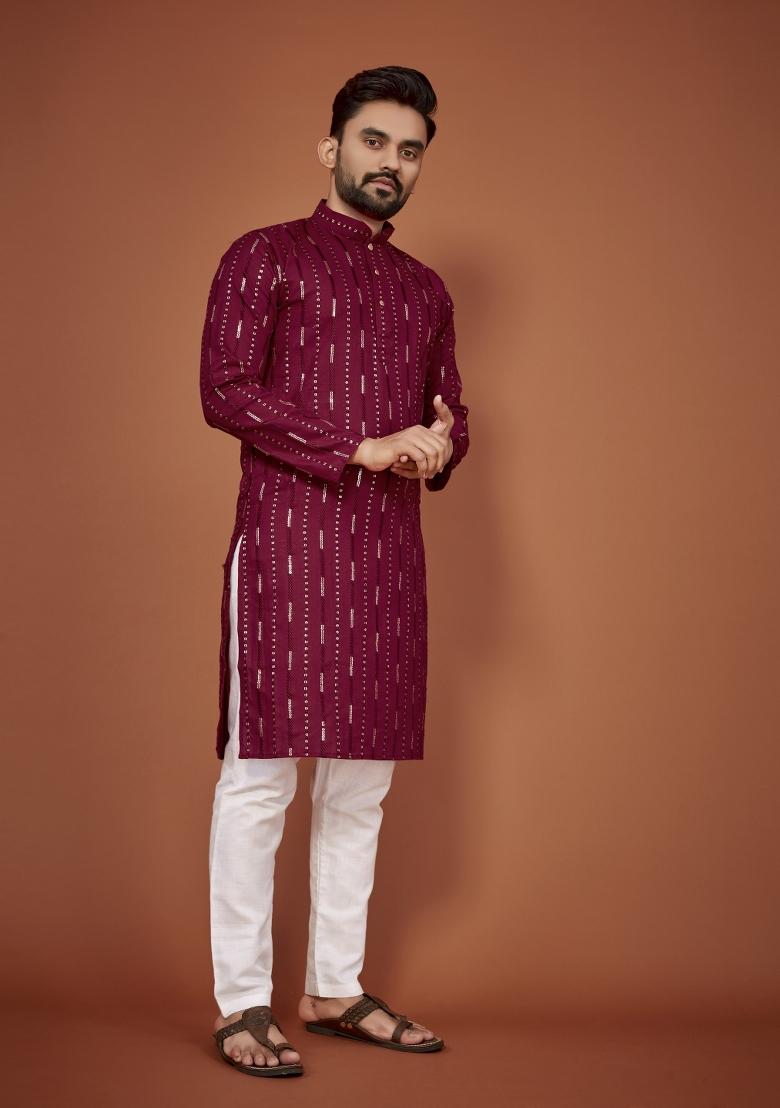 Maroon Embroidered Cotton Blend Kurta For Men - Indya
