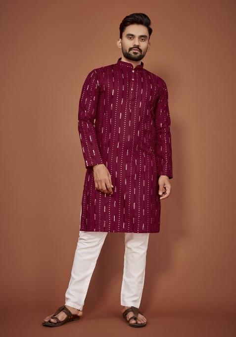 Maroon Embroidered Cotton Blend Kurta For Men