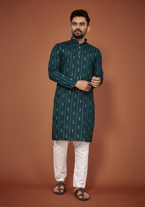 Blue Embroidered Cotton Blend Kurta For Men