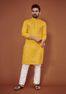 Yellow Embroidered Cotton Blend Kurta For Men