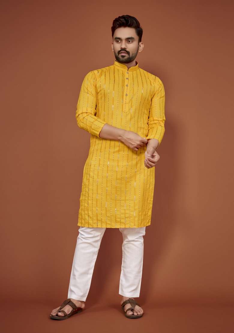 Yellow Embroidered Cotton Blend Kurta For Men - Indya