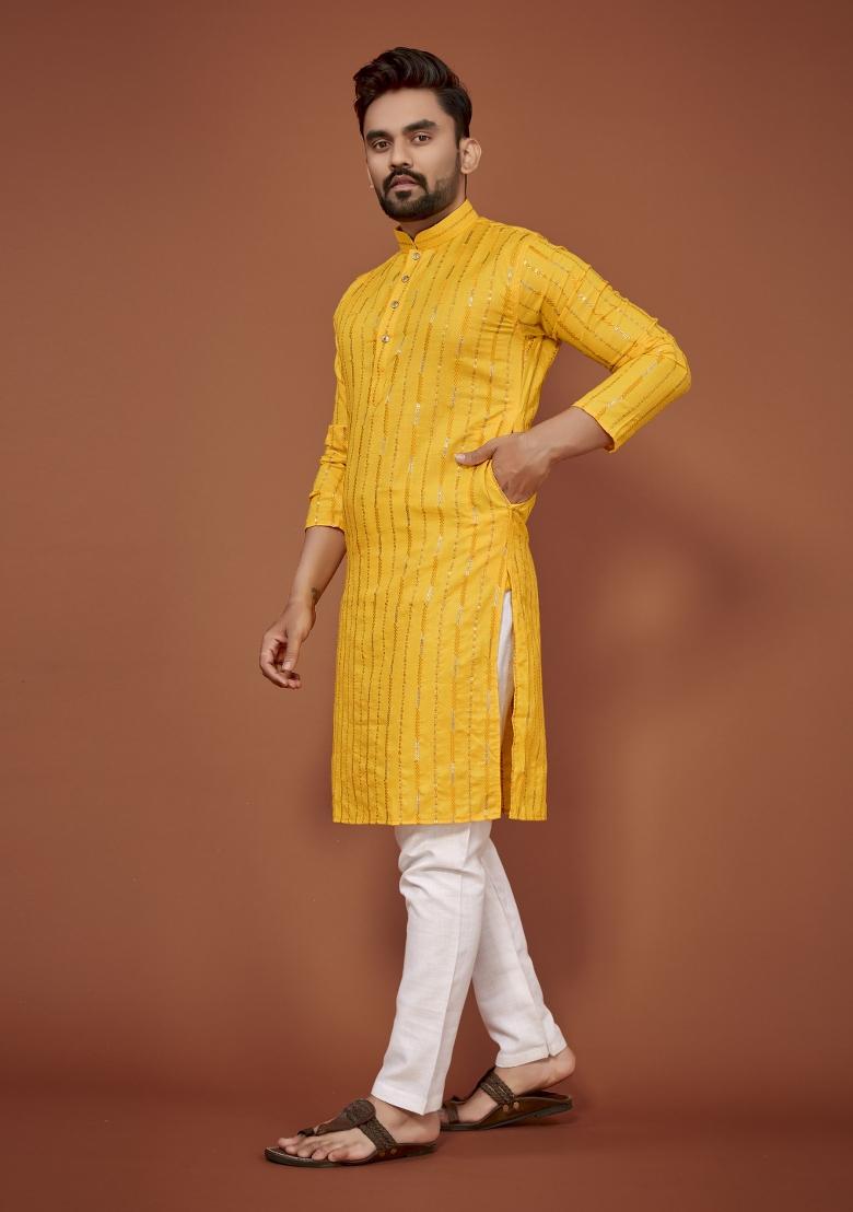Yellow Embroidered Cotton Blend Kurta For Men - Indya