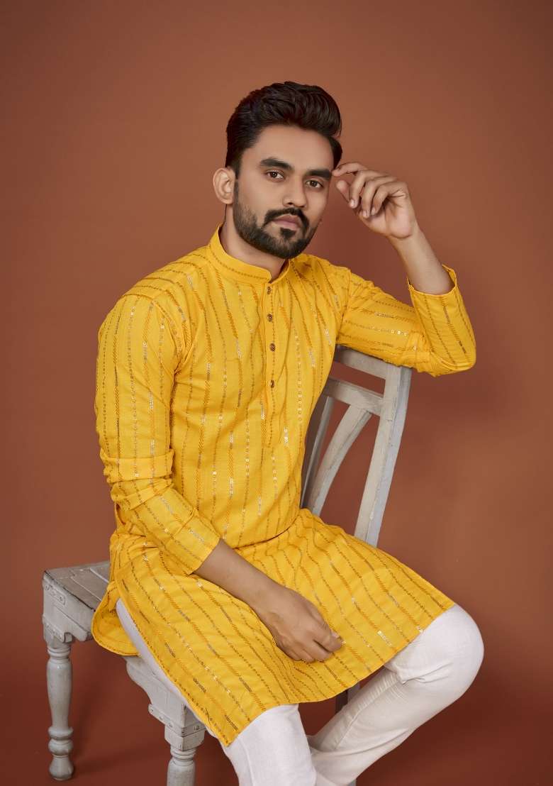 Yellow Embroidered Cotton Blend Kurta For Men - Indya