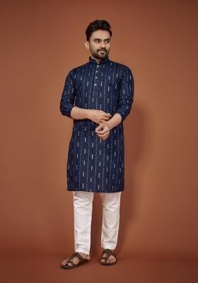 Blue Embroidered Cotton Blend Kurta For Men