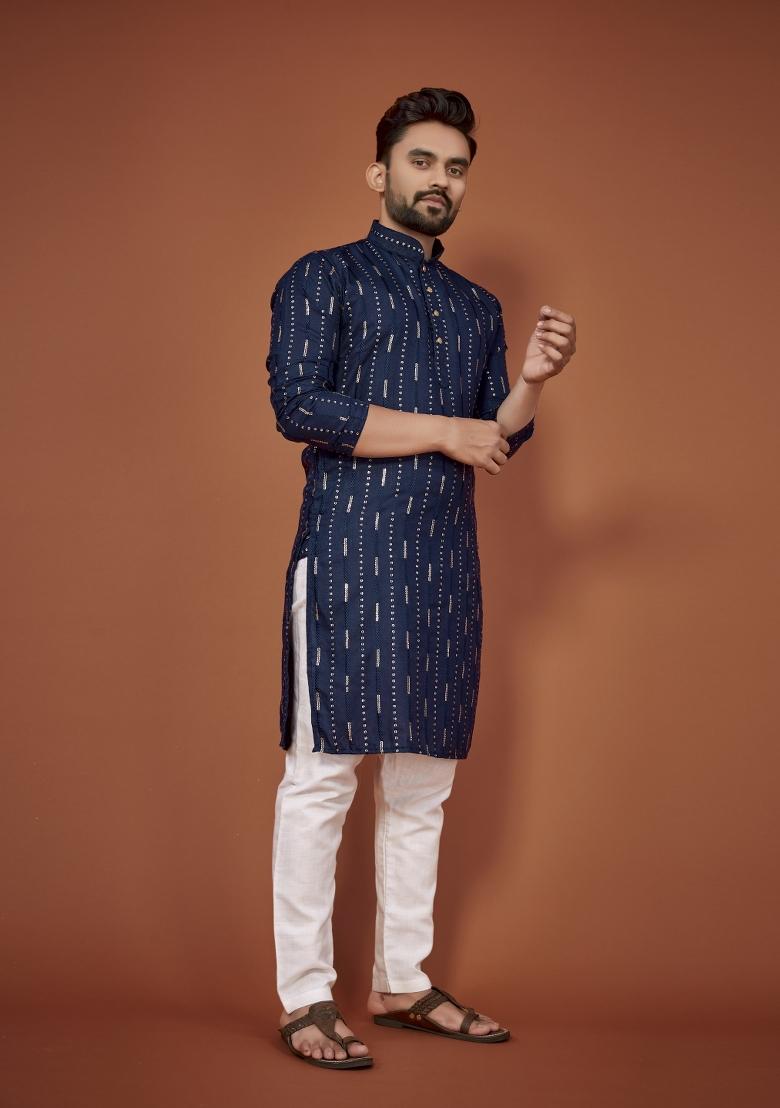 Blue Embroidered Cotton Blend Kurta For Men - Indya
