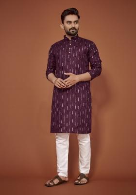 Purple Embroidered Cotton Blend Kurta For Men