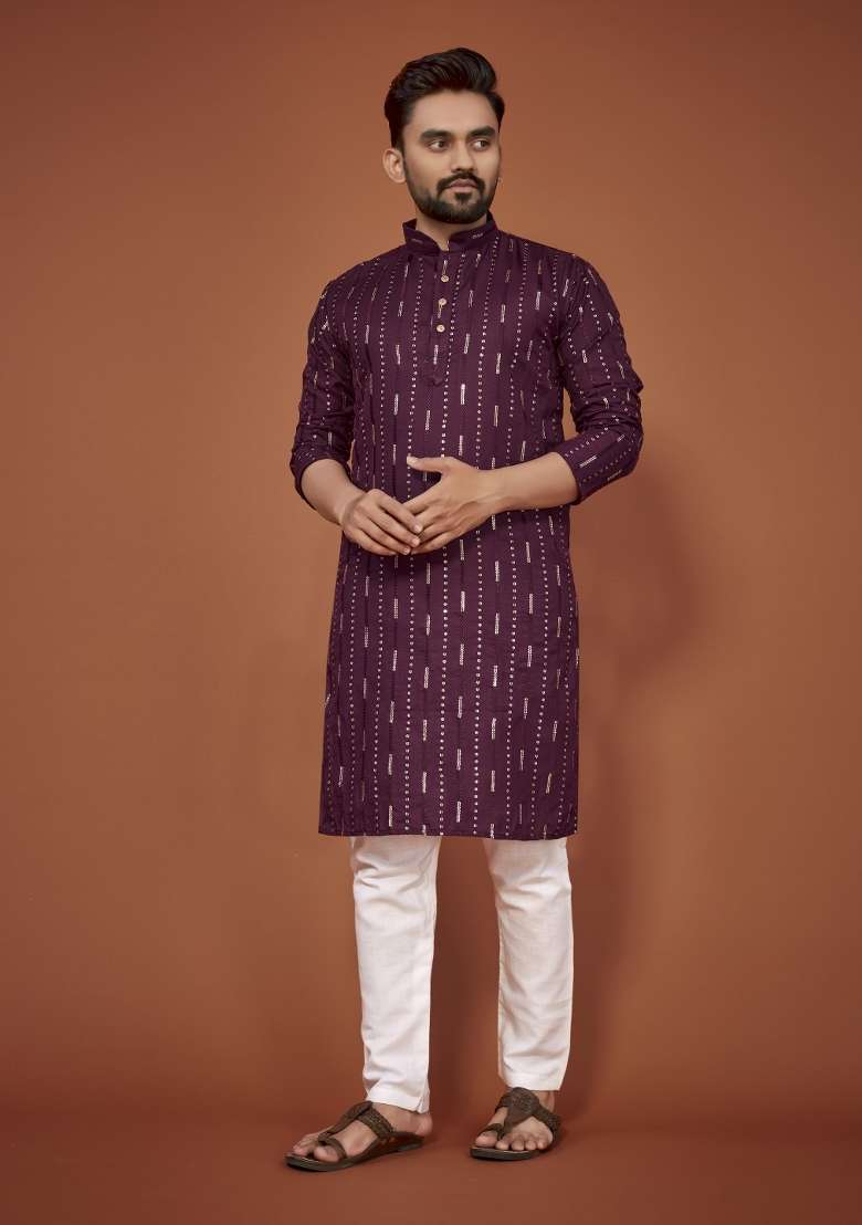 Purple Embroidered Cotton Blend Kurta For Men - Indya