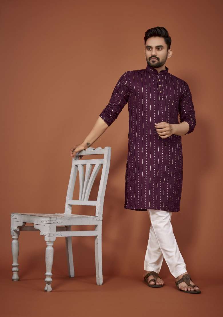 Purple Embroidered Cotton Blend Kurta For Men - Indya