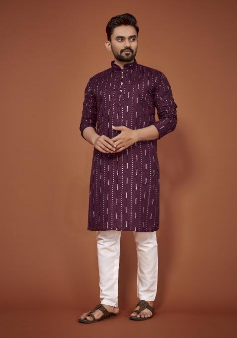Purple Embroidered Cotton Blend Kurta For Men