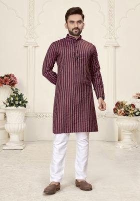 Purple Striped Linen Kurta For Men