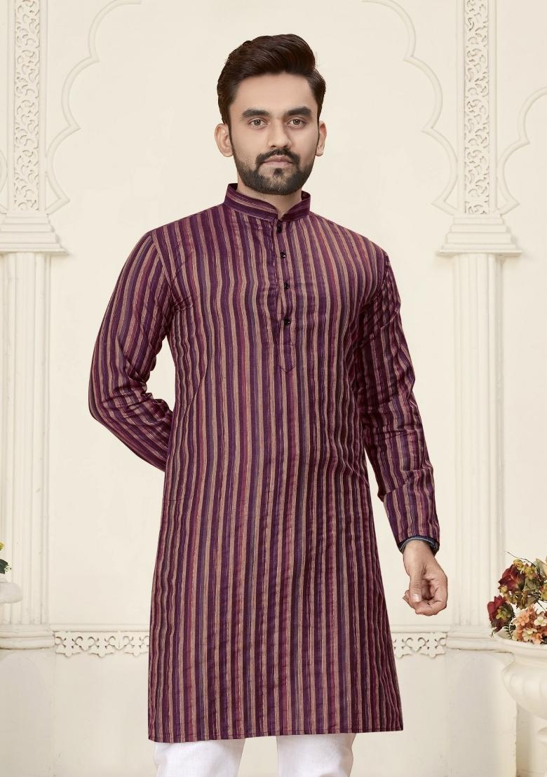 Purple Striped Linen Kurta For Men - Indya
