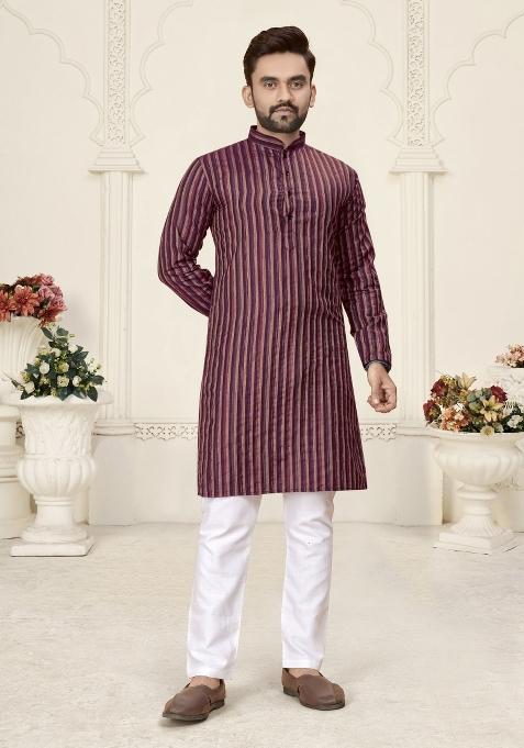 Purple Striped Linen Kurta For Men