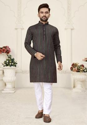 Black Striped Linen Kurta For Men