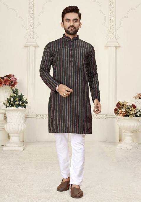 Black Striped Linen Kurta For Men