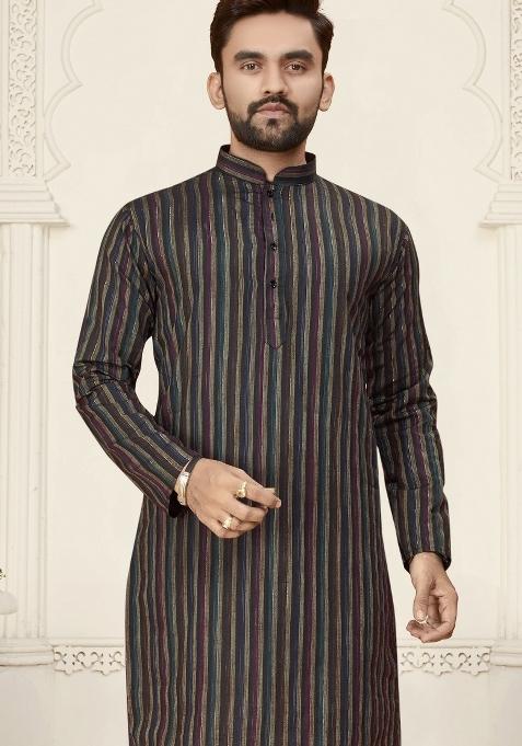 Black Striped Linen Kurta For Men