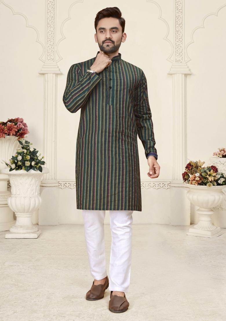 Green Striped Linen Kurta For Men