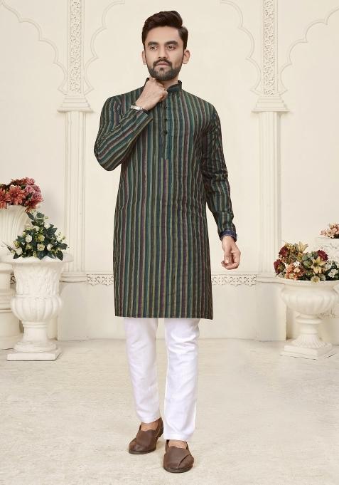 Green Striped Linen Kurta For Men