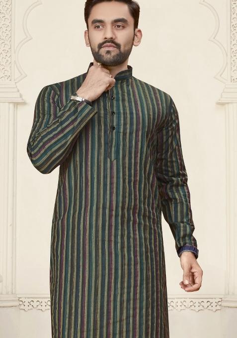 Green Striped Linen Kurta For Men