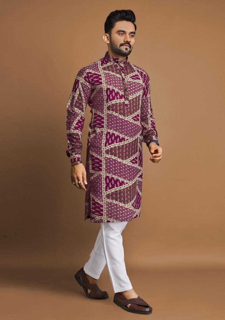 Purple Printed Cotton Blend Kurta For Men - Indya