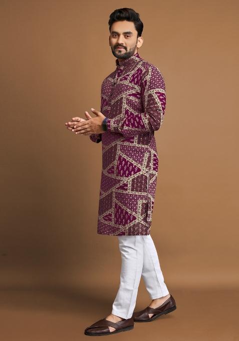 Purple Printed Cotton Blend Kurta For Men