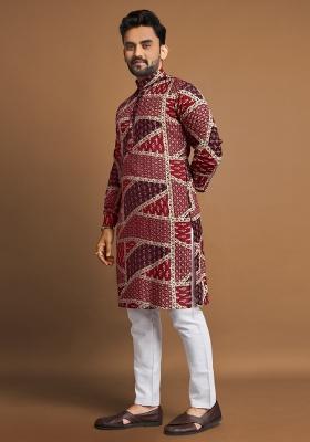 Maroon Printed Cotton Blend Kurta For Men