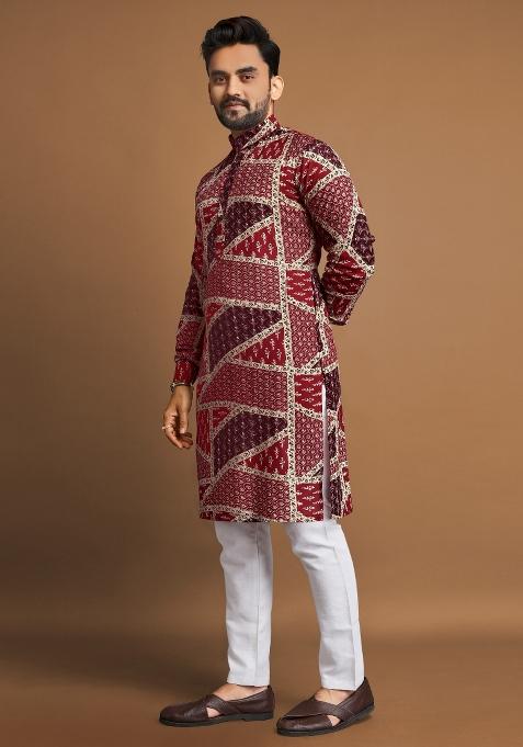 Maroon Printed Cotton Blend Kurta For Men