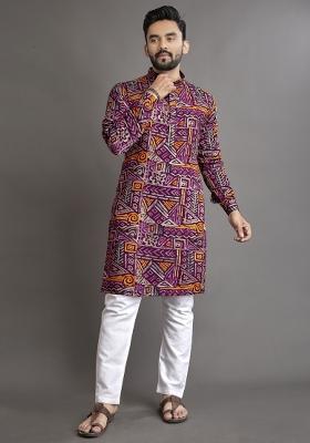 Multicolor Printed Cotton Blend Kurta For Men