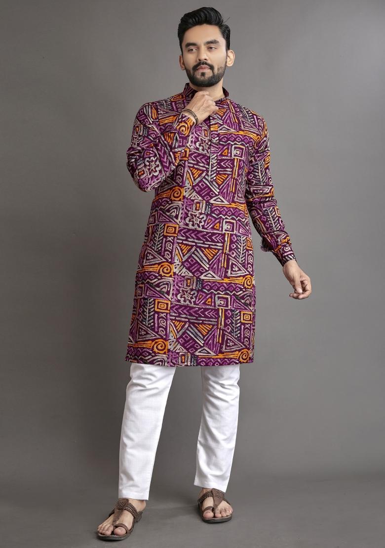 Multicolor Printed Cotton Blend Kurta For Men