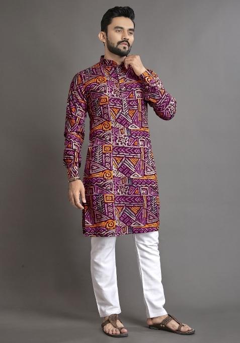 Multicolor Printed Cotton Blend Kurta For Men