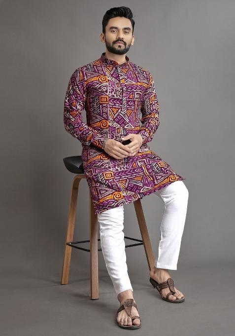 Multicolor Printed Cotton Blend Kurta For Men