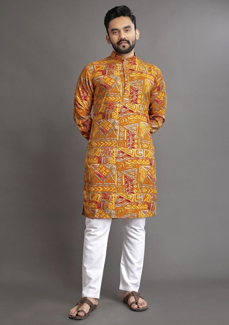 Multicolor Printed Cotton Blend Kurta For Men