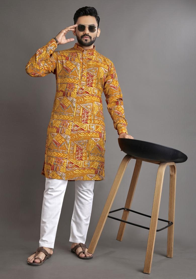 Multicolor Printed Cotton Blend Kurta For Men