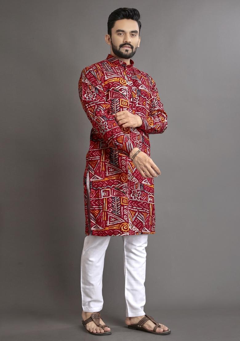 Multicolor Printed Cotton Blend Kurta For Men - Indya