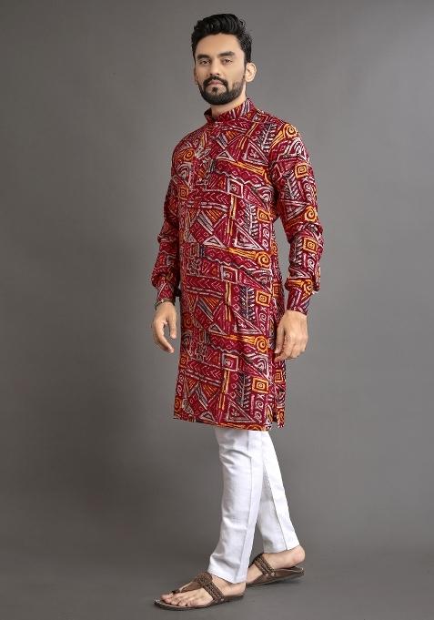 Multicolor Printed Cotton Blend Kurta For Men