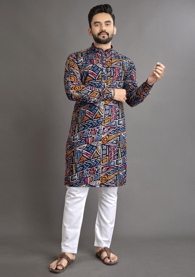 Multicolor Printed Cotton Blend Kurta For Men