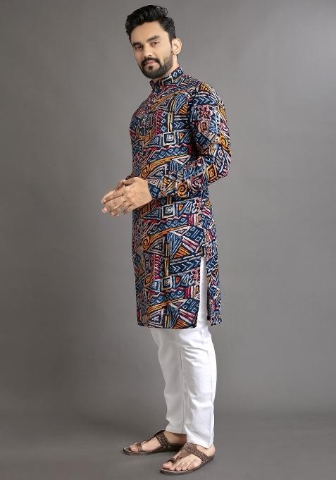 Multicolor Printed Cotton Blend Kurta For Men