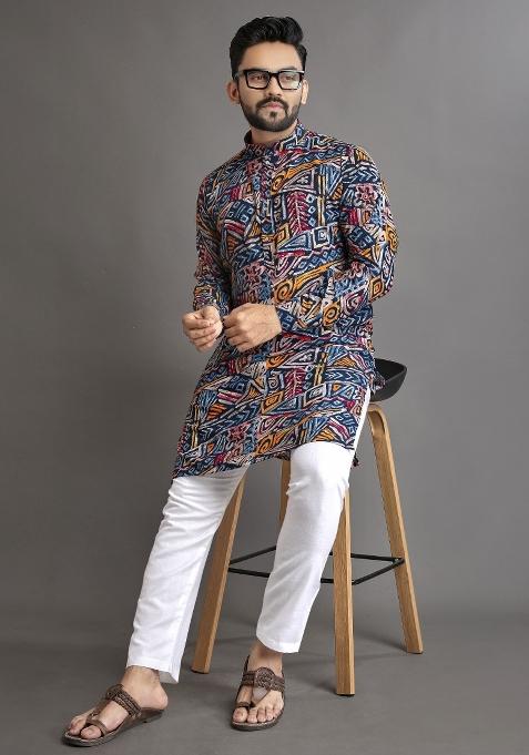 Multicolor Printed Cotton Blend Kurta For Men