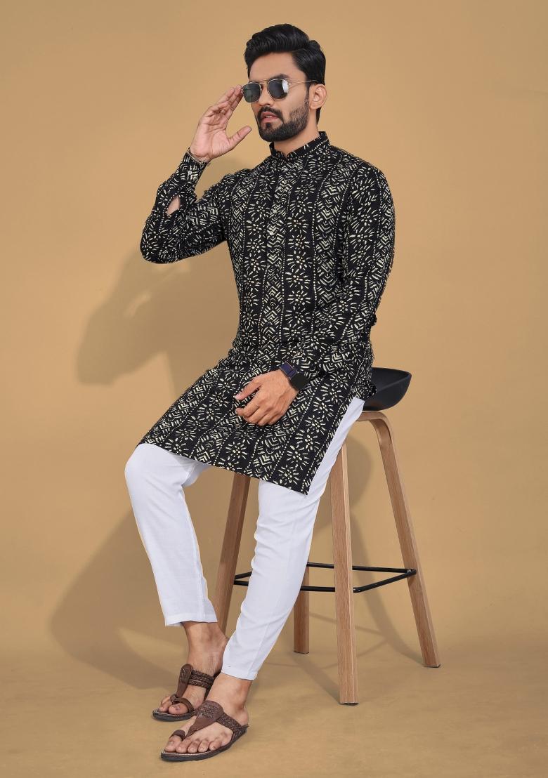 Black Printed Cotton Blend Kurta For Men - Indya