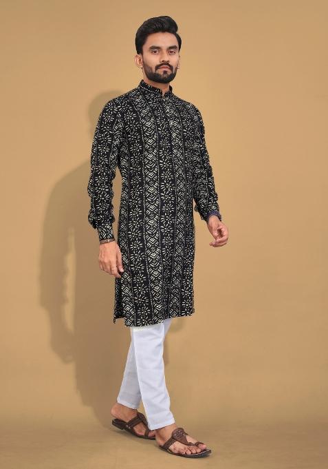 Black Printed Cotton Blend Kurta For Men