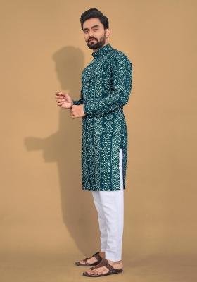 Blue Printed Cotton Blend Kurta For Men